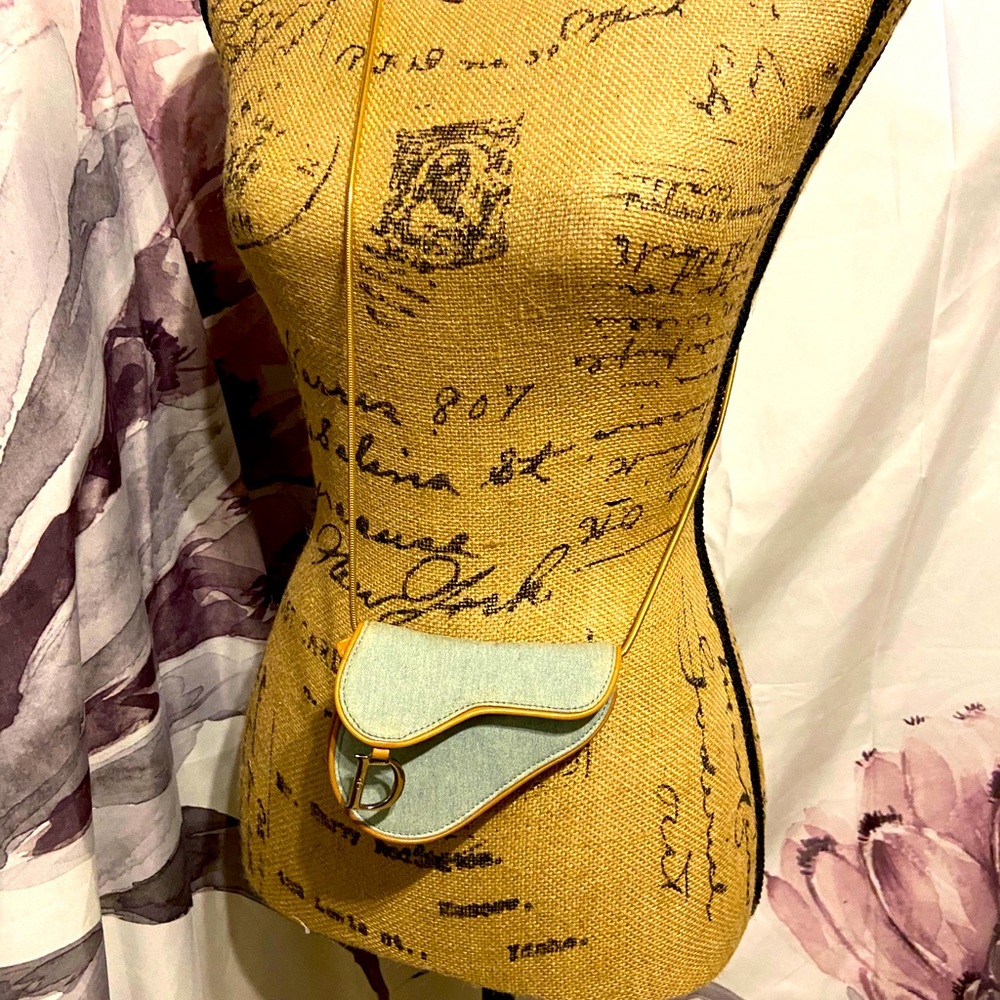 Christian Dior light blue saddle mini coin pouch micro handbag denim handbag